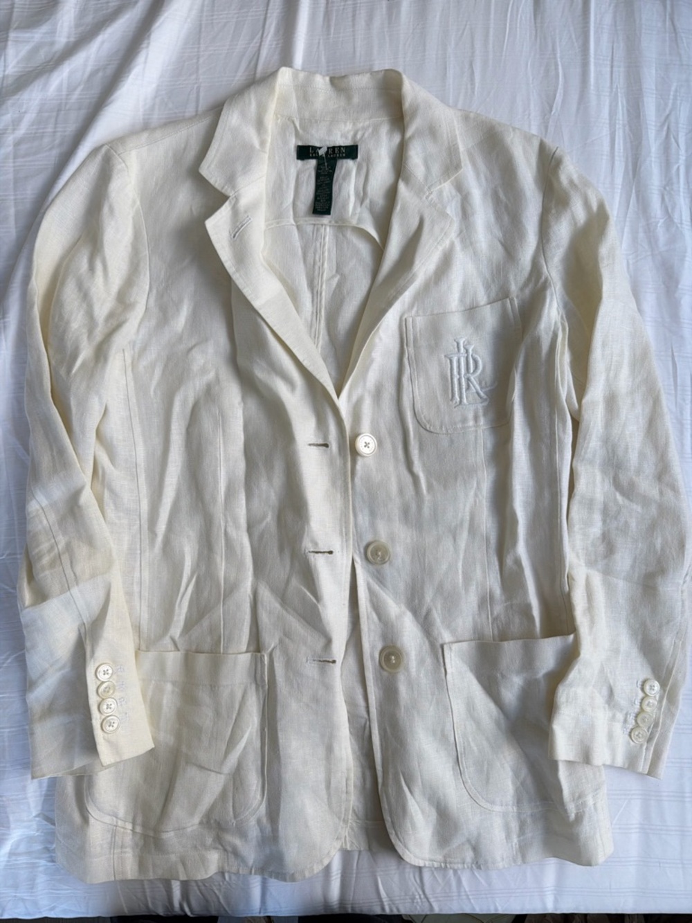 Lauren Ralph Lauren off-white linen blazer featuring an embroidered "RL" logo
